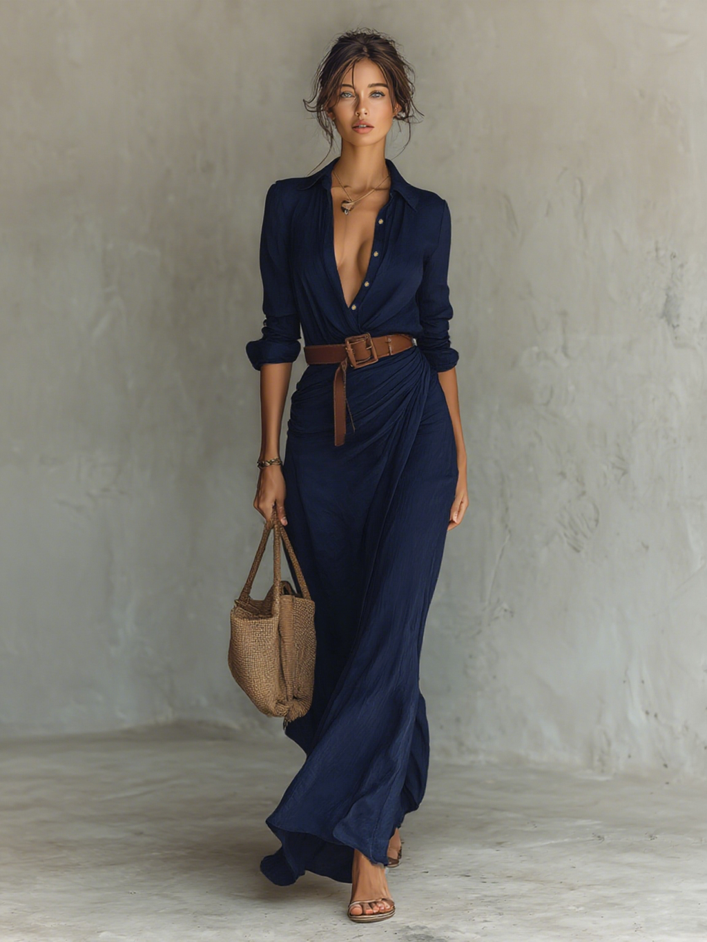 Women's Elegant Cowgirl Long Dress Lapel Single Breasted Belted Waist Long Sleeve Casual – Camel - Lolly 