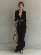 Women's Elegant Cowgirl Long Dress Lapel Single Breasted Belted Waist Long Sleeve Casual – Camel - Lolly 