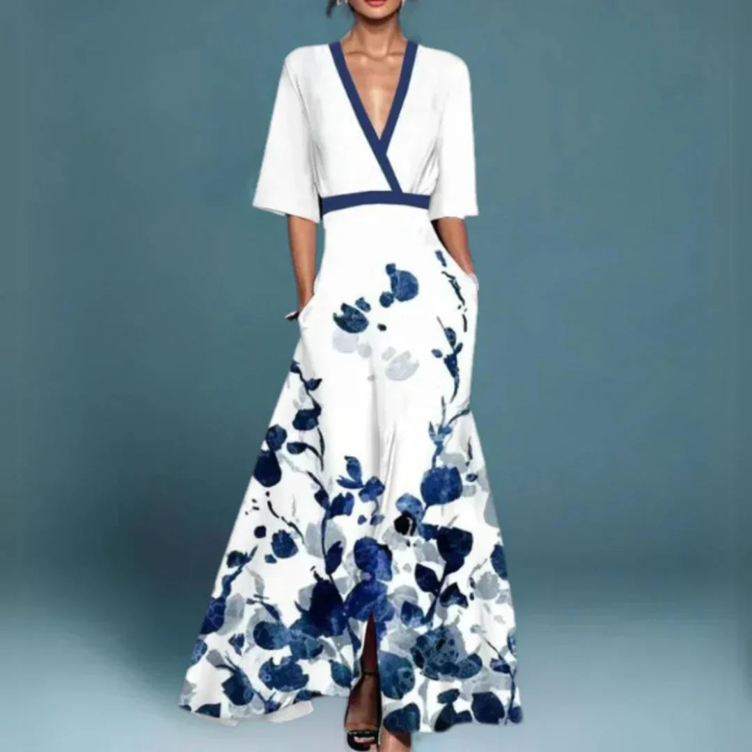 Women's Elegant Floral Long Dress V-Neck Long Sleeve Formal Garden Party Summer Gala – Jill - Lolly 