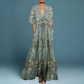Women's Elegant Floral Long Dress V-Neck Long Sleeve Formal Garden Party Summer Gala – Jill - Lolly 