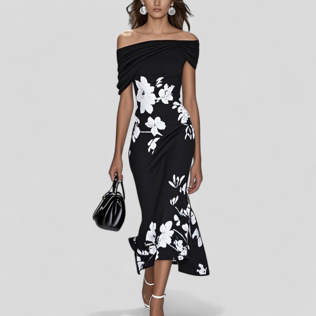Women's Elegant Floral Midi Dress Off-Shoulder Casual Formal Wedding Guest Chic – Isabrunel - Lolly 