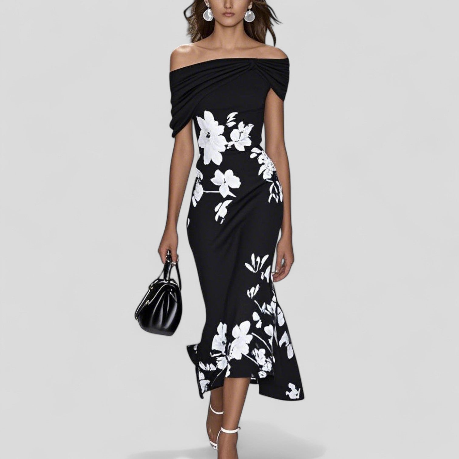 Women's Elegant Floral Midi Dress Off-Shoulder Casual Formal Wedding Guest Chic – Isabrunel - Lolly 