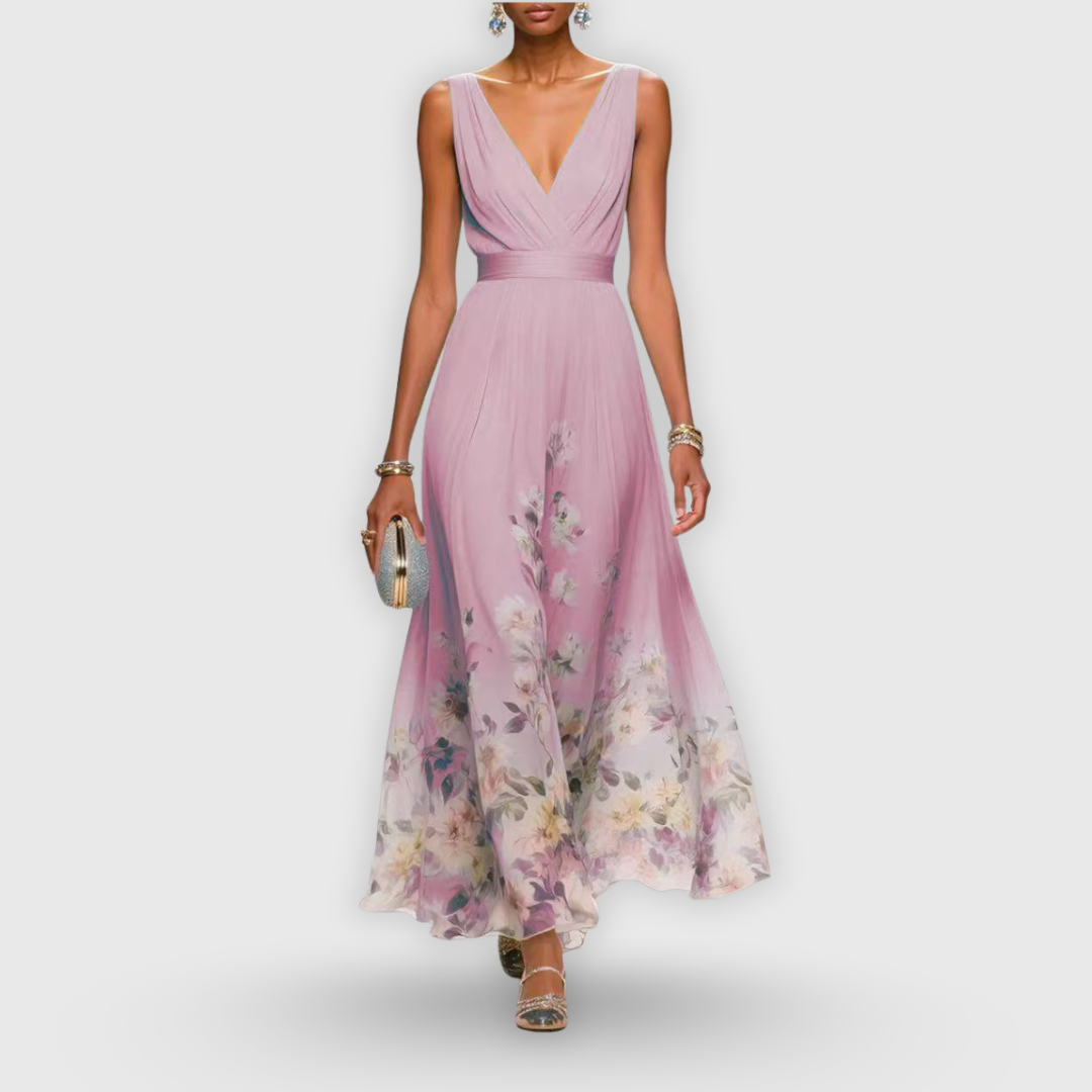 Women's Elegant Floral Midi Dress V-Neck Sleeveless Flowing Formal Wedding Guest Casual – Madeline - Lolly 
