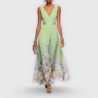 Women's Elegant Floral Midi Dress V-Neck Sleeveless Flowing Formal Wedding Guest Casual – Madeline - Lolly 
