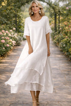 Women's Elegant Flowy Midi Dress Short Sleeve Round Neck Relaxed Fit Casual Summer Garden Wedding Guest Everyday Brunch – April - Lolly 