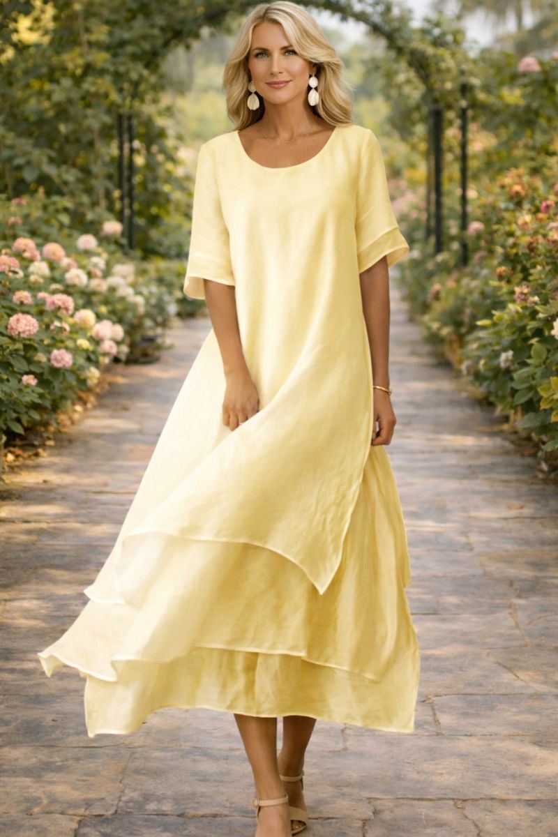 Women's Elegant Flowy Midi Dress Short Sleeve Round Neck Relaxed Fit Casual Summer Garden Wedding Guest Everyday Brunch – April - Lolly 