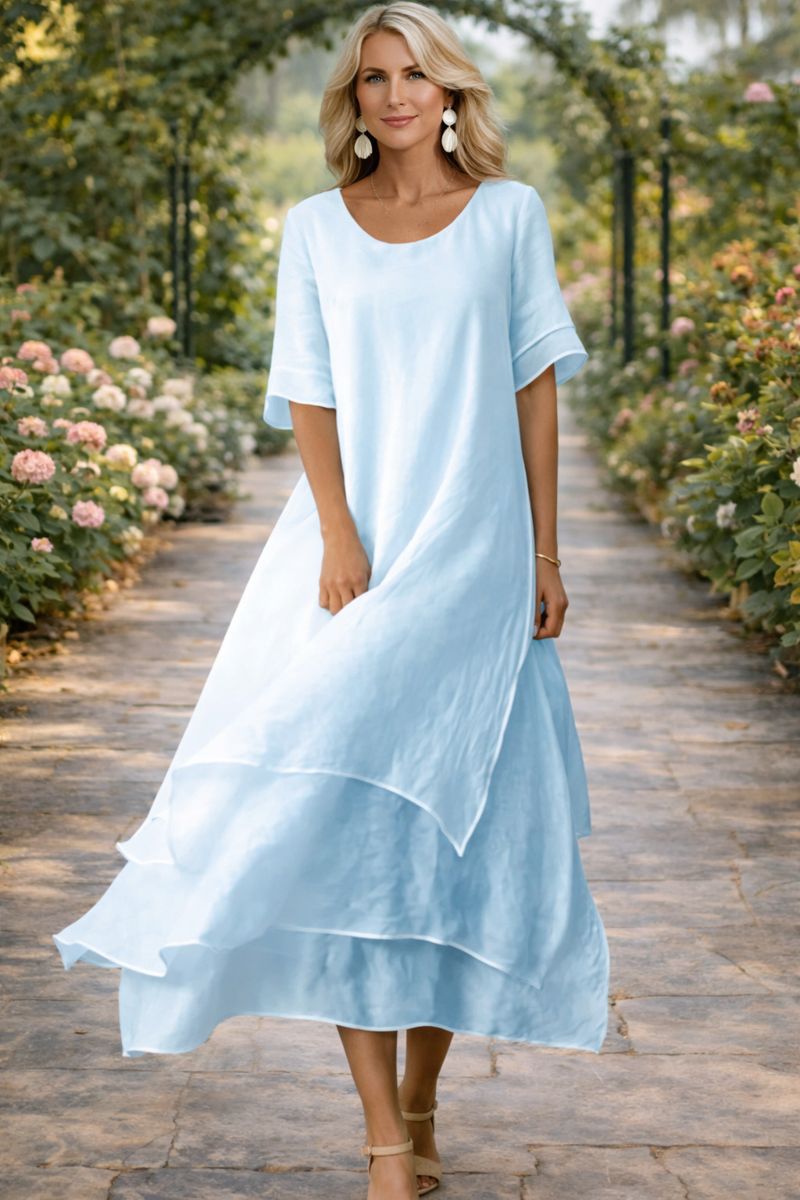 Women's Elegant Flowy Midi Dress Short Sleeve Round Neck Relaxed Fit Casual Summer Garden Wedding Guest Everyday Brunch – April - Lolly 