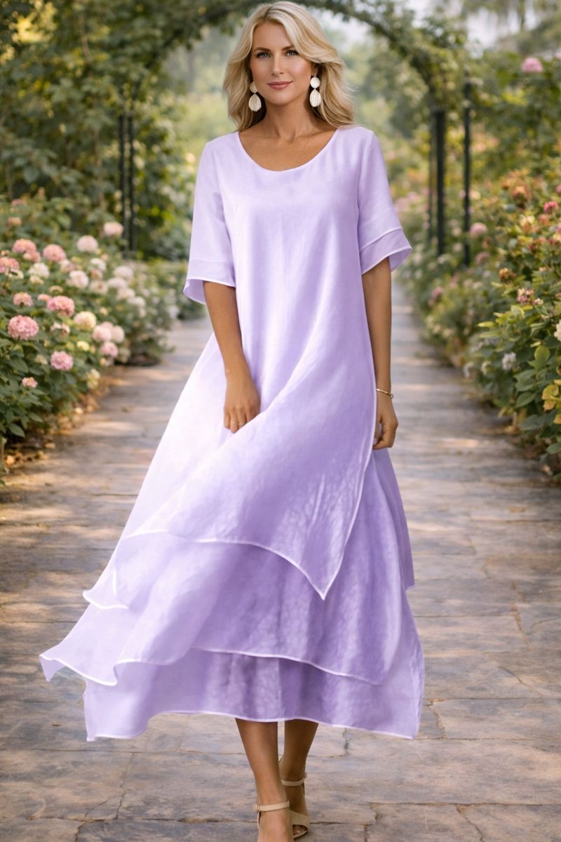 Women's Elegant Flowy Midi Dress Short Sleeve Round Neck Relaxed Fit Casual Summer Garden Wedding Guest Everyday Brunch – April - Lolly 