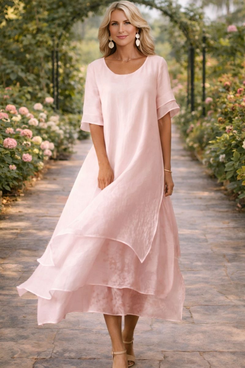 Women's Elegant Flowy Midi Dress Short Sleeve Round Neck Relaxed Fit Casual Summer Garden Wedding Guest Everyday Brunch – April - Lolly 