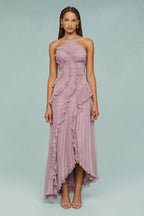 Women's Elegant Halter Long Dress Pleated Flowing Formal Casual Wedding Guest Garden Party – Estelle - Lolly 