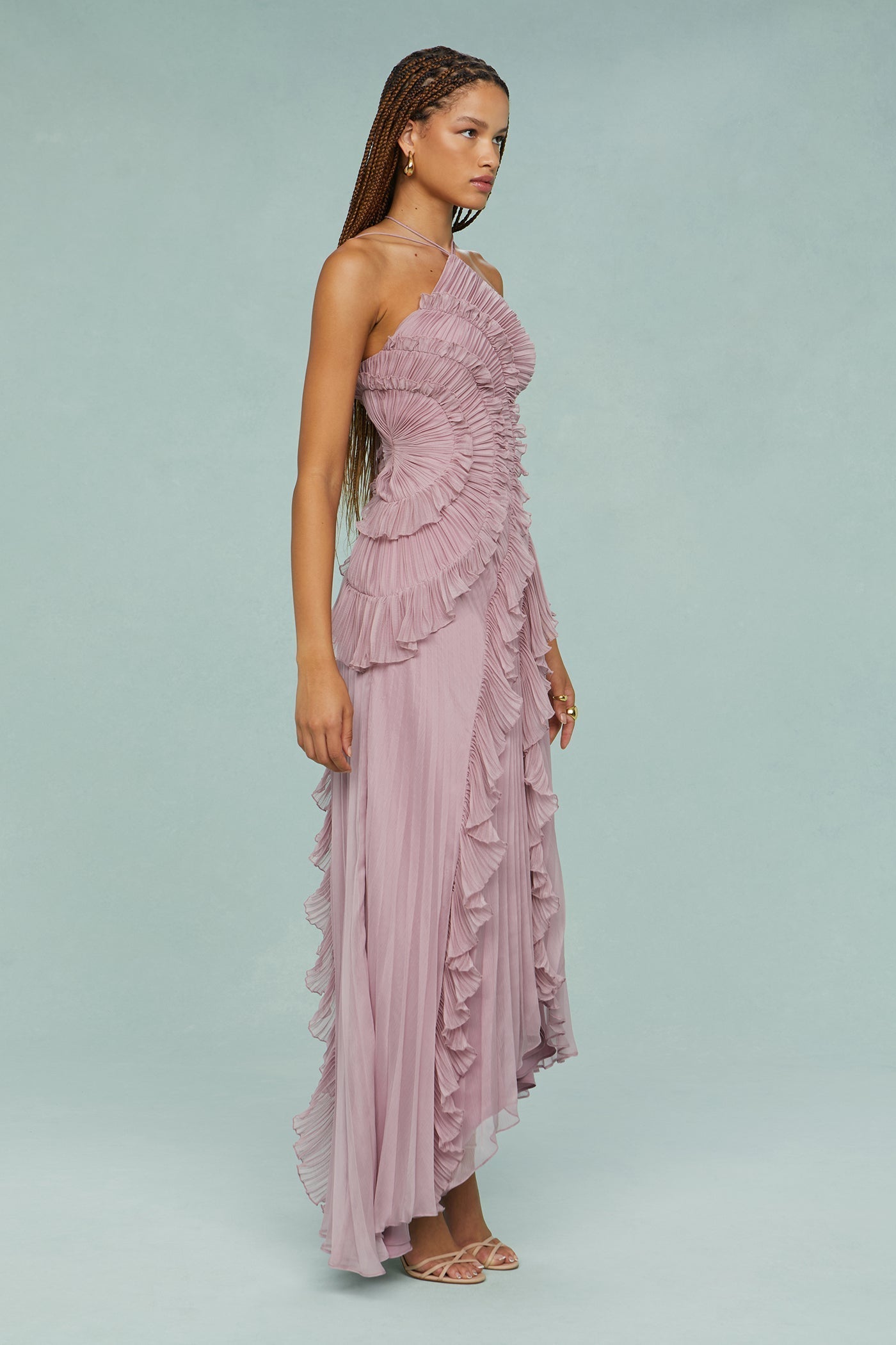Women's Elegant Halter Long Dress Pleated Flowing Formal Casual Wedding Guest Garden Party – Estelle - Lolly 