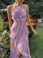 Women's Elegant Halter Long Dress Pleated Flowing Formal Casual Wedding Guest Garden Party – Estelle - Lolly 