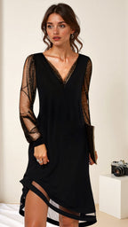 Women's Elegant Lace Sleeve V-Neck Midi Dress Stretchy Polyester Party Formal Night Out Dress – Matilda Black - Lolly 