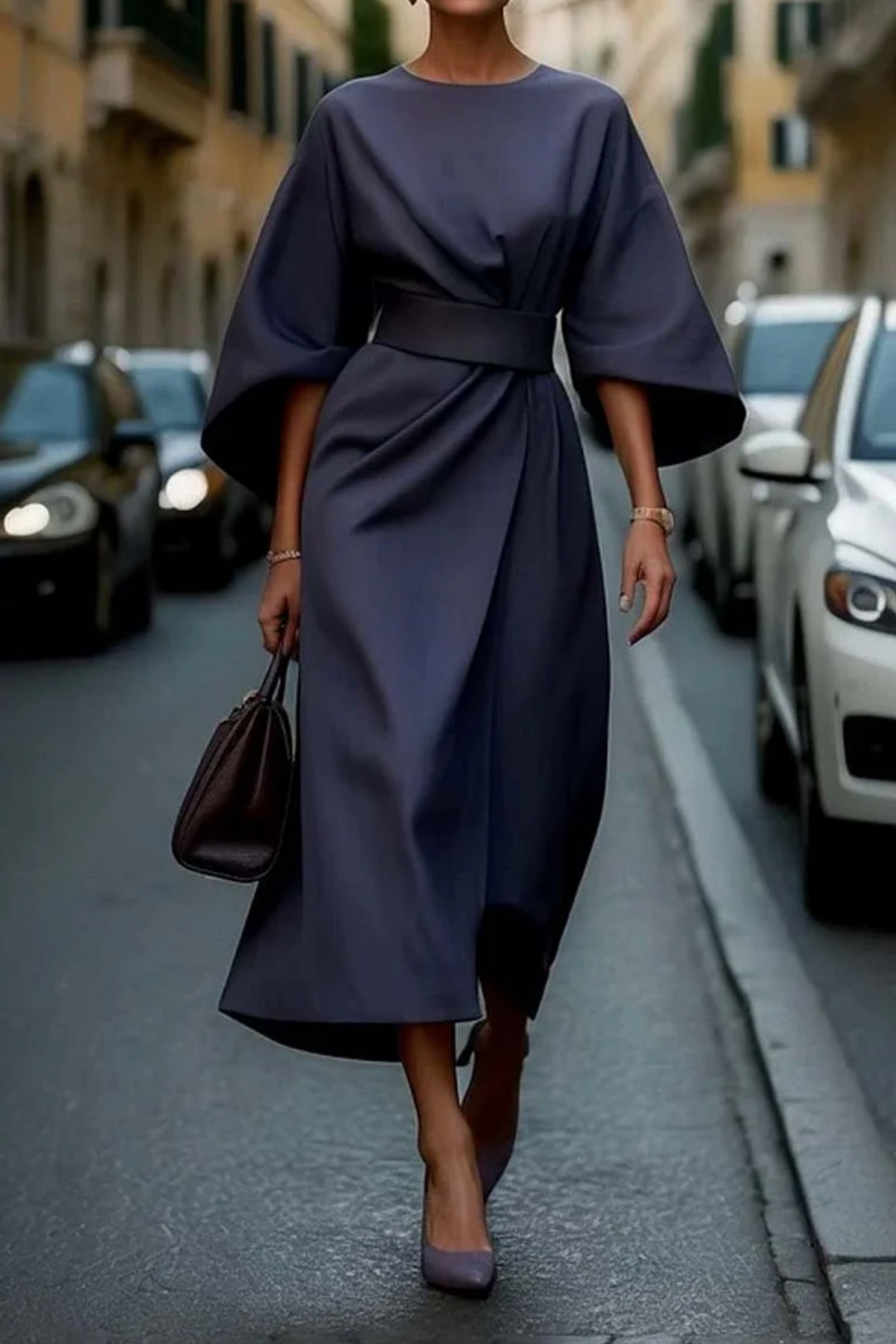 Women's Elegant Lantern Sleeve Midi Formal Dress Belted Wedding Guest Party Occasion – Grace - Lolly 