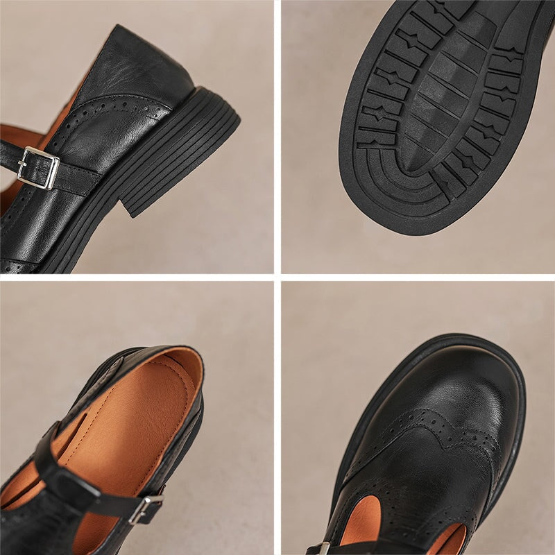 Women's Elegant Leather Brogue Mary Jane Shoes T-Strap Buckle Round Toe Wingtip Detail Casual Work Office Everyday Smart Walking – Mattea - Lolly 