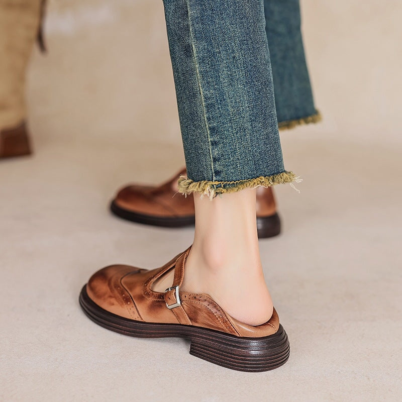 Women's Elegant Leather Brogue Mary Jane Shoes T-Strap Buckle Round Toe Wingtip Detail Casual Work Office Everyday Smart Walking – Mattea - Lolly 