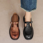 Women's Elegant Leather Brogue Mary Jane Shoes T-Strap Buckle Round Toe Wingtip Detail Casual Work Office Everyday Smart Walking – Mattea - Lolly 