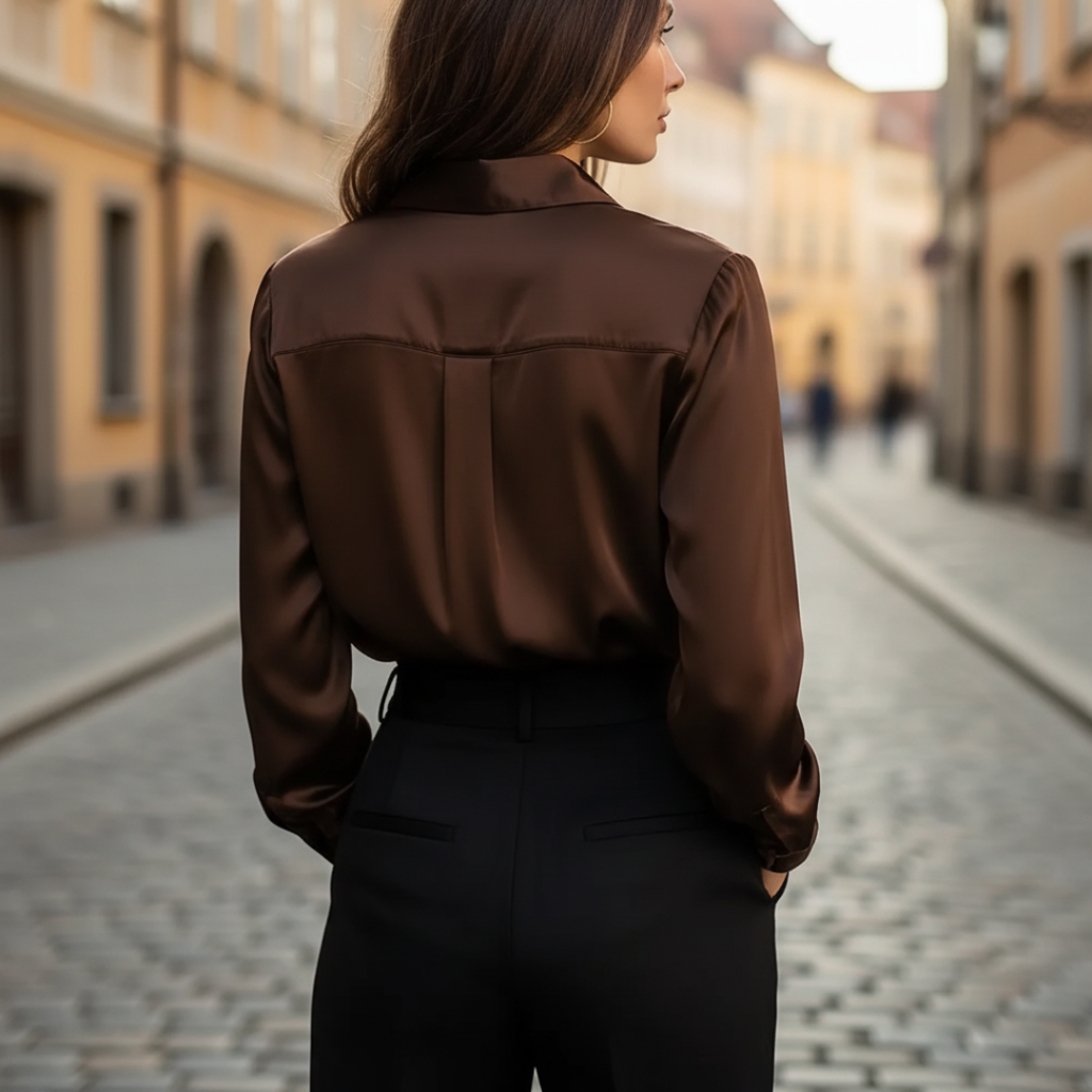 Women's Elegant Long Sleeve Satin Shirt Silky Button Down Formal Casual Work Office Blouse – Chocolate Brown - Lolly 