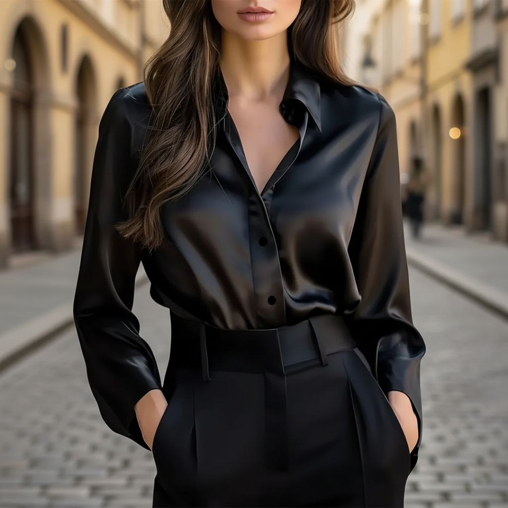 Women's Elegant Long Sleeve Satin Shirt Silky Button Down Formal Casual Work Office Blouse – Chocolate Brown - Lolly 
