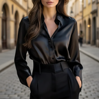 Women's Elegant Long Sleeve Satin Shirt Silky Button Down Formal Casual Work Office Blouse – Chocolate Brown - Lolly 