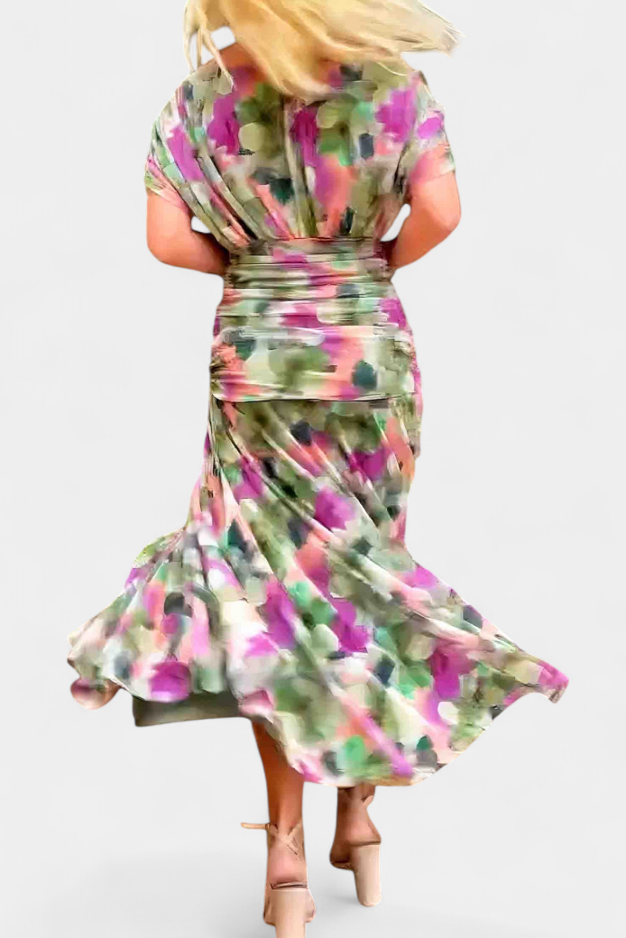 Women's Elegant Off-Shoulder Midi Dress Draped Ruched Bodice Floral Feminine – Lowenna - Lolly 