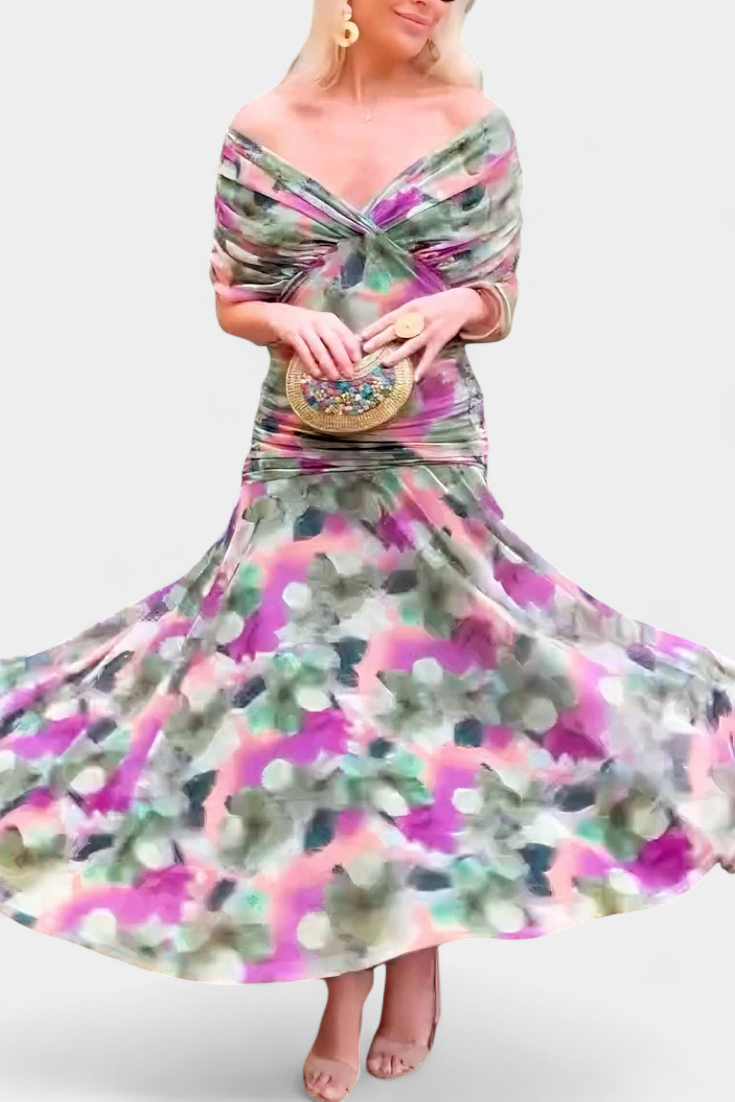Women's Elegant Off-Shoulder Midi Dress Draped Ruched Bodice Floral Feminine – Lowenna - Lolly 