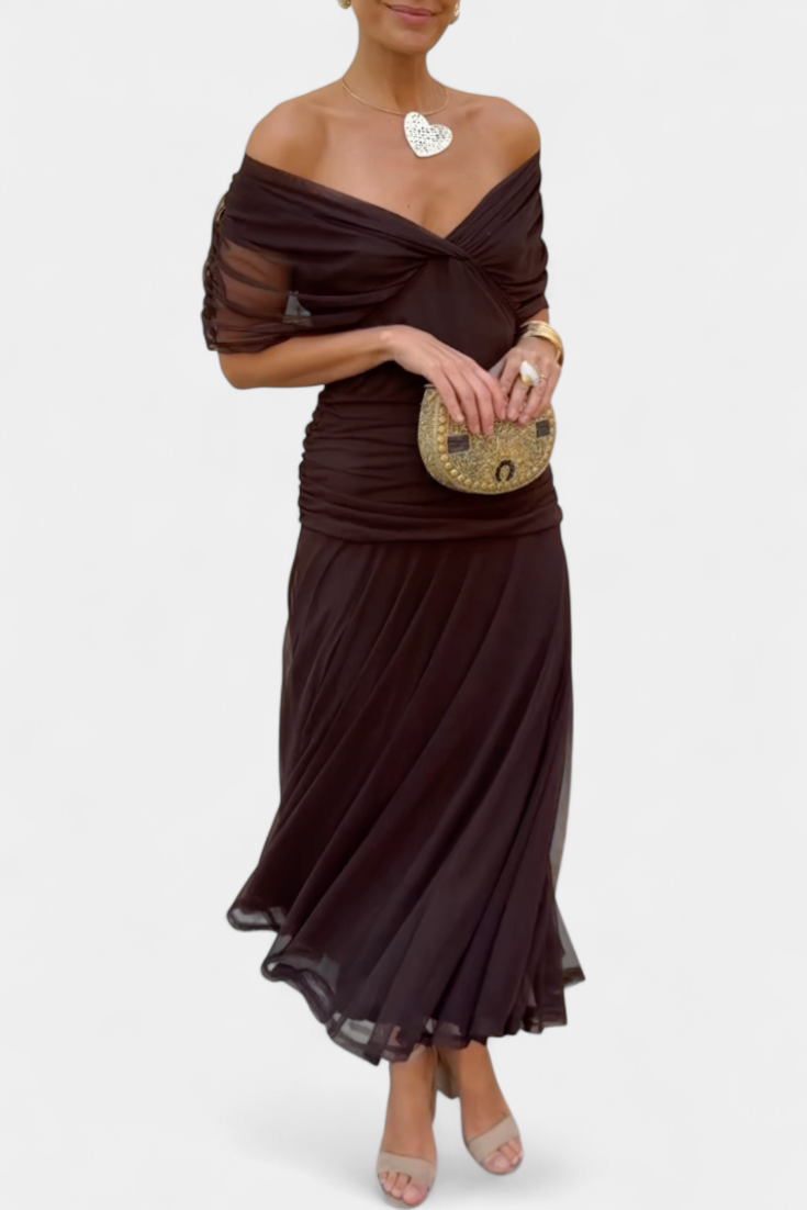 Women's Elegant Off-Shoulder Midi Dress Draped Ruched Bodice Floral Feminine – Lowenna - Lolly 