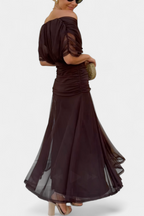 Women's Elegant Off-Shoulder Midi Dress Draped Ruched Bodice Floral Feminine – Lowenna - Lolly 