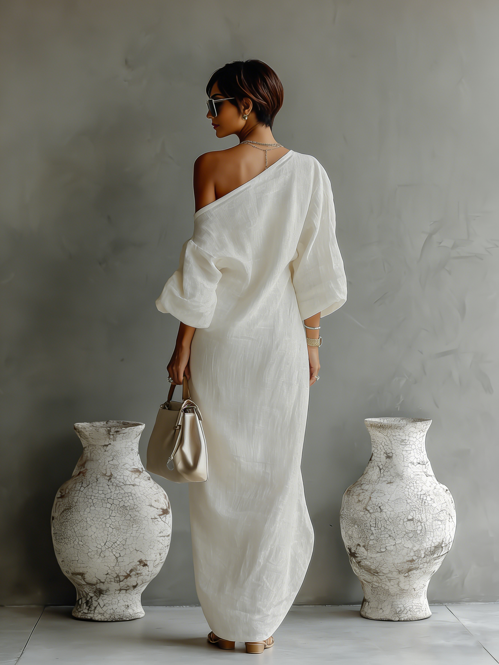 Women's Elegant One-Shoulder Long Dress Cotton Linen Flowing Formal Party Wedding Guest – Ivory White - Lolly 