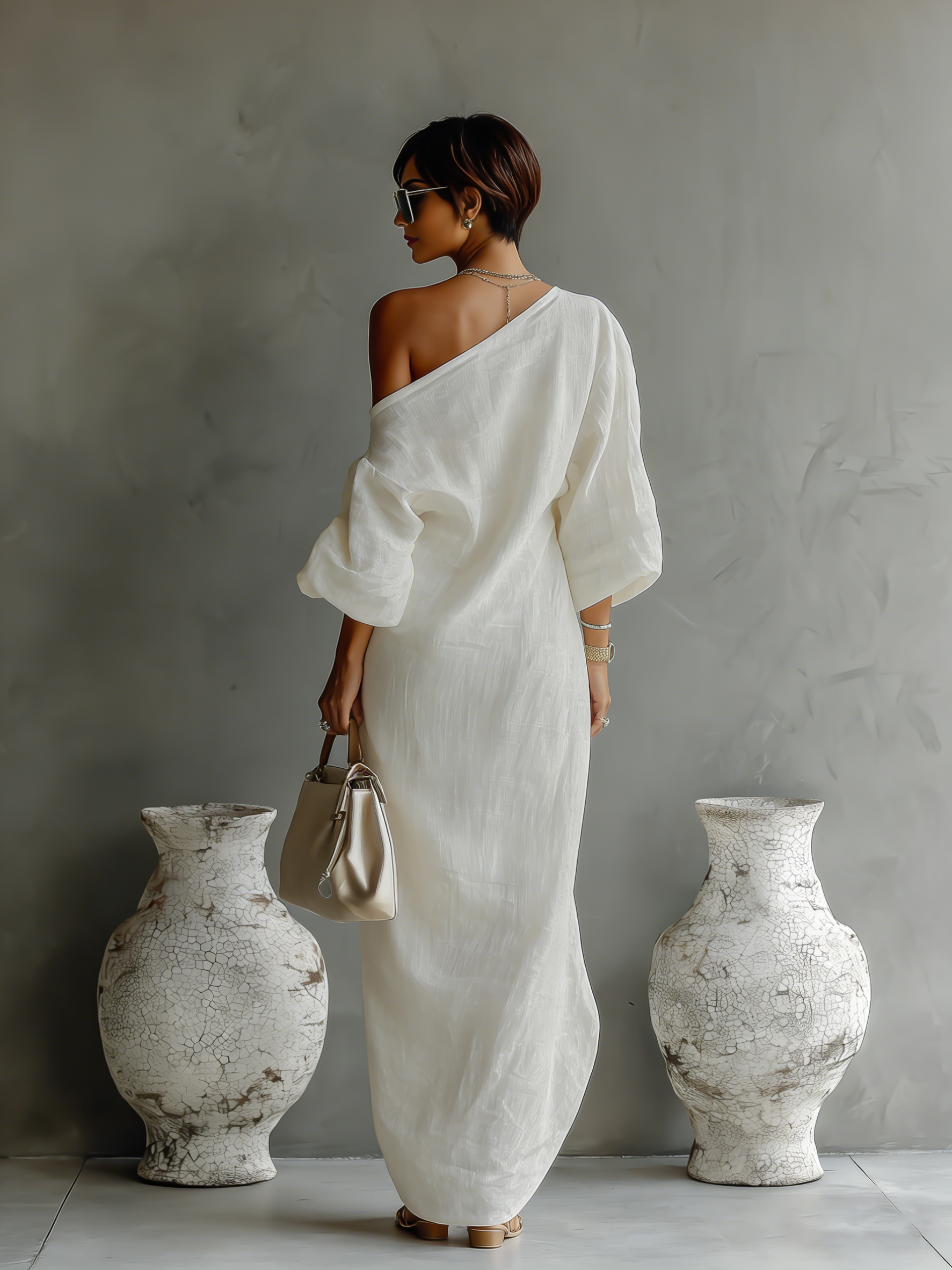 Women's Elegant One-Shoulder Long Dress Cotton Linen Flowing Formal Party Wedding Guest – Ivory White - Lolly 
