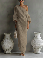 Women's Elegant One-Shoulder Long Dress Cotton Linen Flowing Formal Party Wedding Guest – Ivory White - Lolly 
