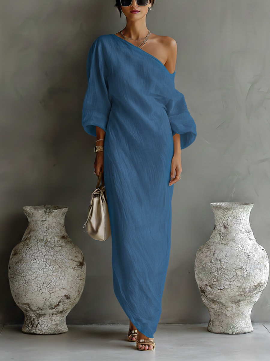 Women's Elegant One-Shoulder Long Dress Cotton Linen Flowing Formal Party Wedding Guest – Ivory White - Lolly 