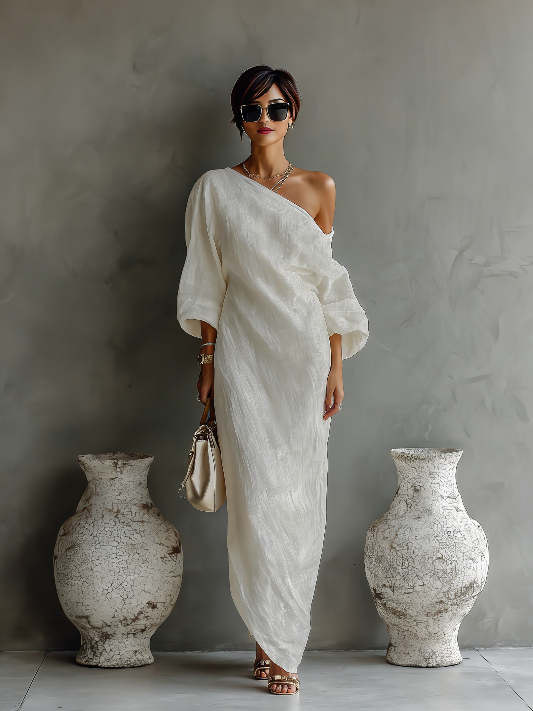 Women's Elegant One-Shoulder Long Dress Cotton Linen Flowing Formal Party Wedding Guest – Ivory White - Lolly 