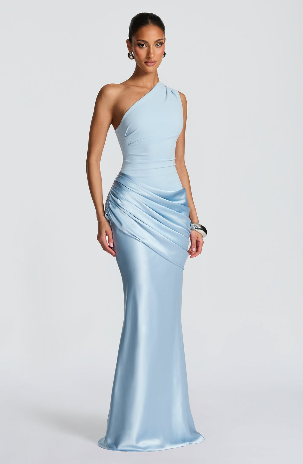 Women's Elegant One-Shoulder Satin Long Dress Crepe Bodice Draped Wedding Guest Formal Party Dress – Ophelia Chocolate - Lolly 