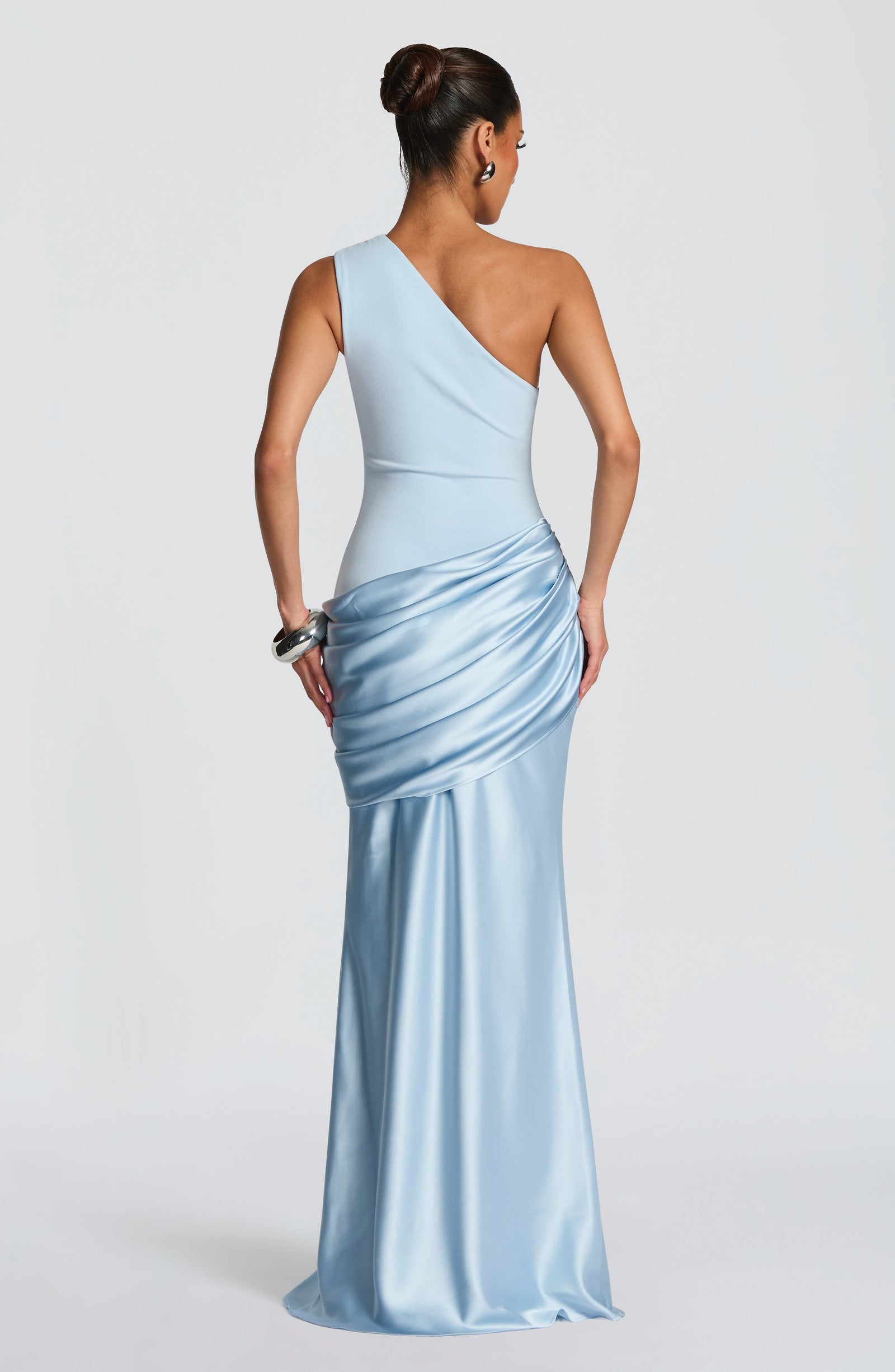 Women's Elegant One-Shoulder Satin Long Dress Crepe Bodice Draped Wedding Guest Formal Party Dress – Ophelia Chocolate - Lolly 