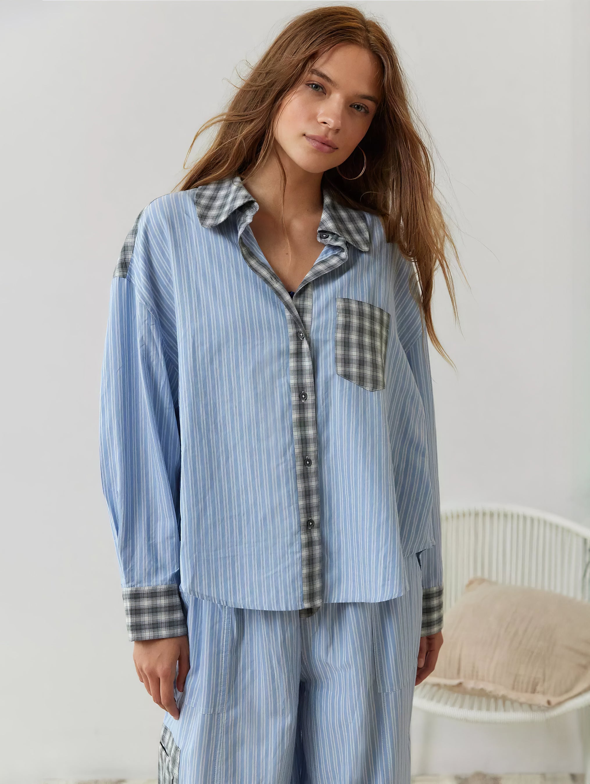 Women's Elegant Plaid Pajama Set Long Sleeve Shirt Wide Leg Pants Soft Casual Loungewear – Sara - Lolly 
