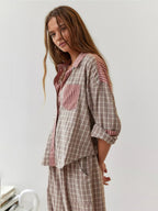 Women's Elegant Plaid Pajama Set Long Sleeve Shirt Wide Leg Pants Soft Casual Loungewear – Sara - Lolly 