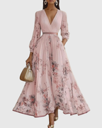 Women's Elegant Pleated Floral Long Dress V-Neck Long Sleeve Ribbon Waist Formal Casual – Rowella - Lolly 