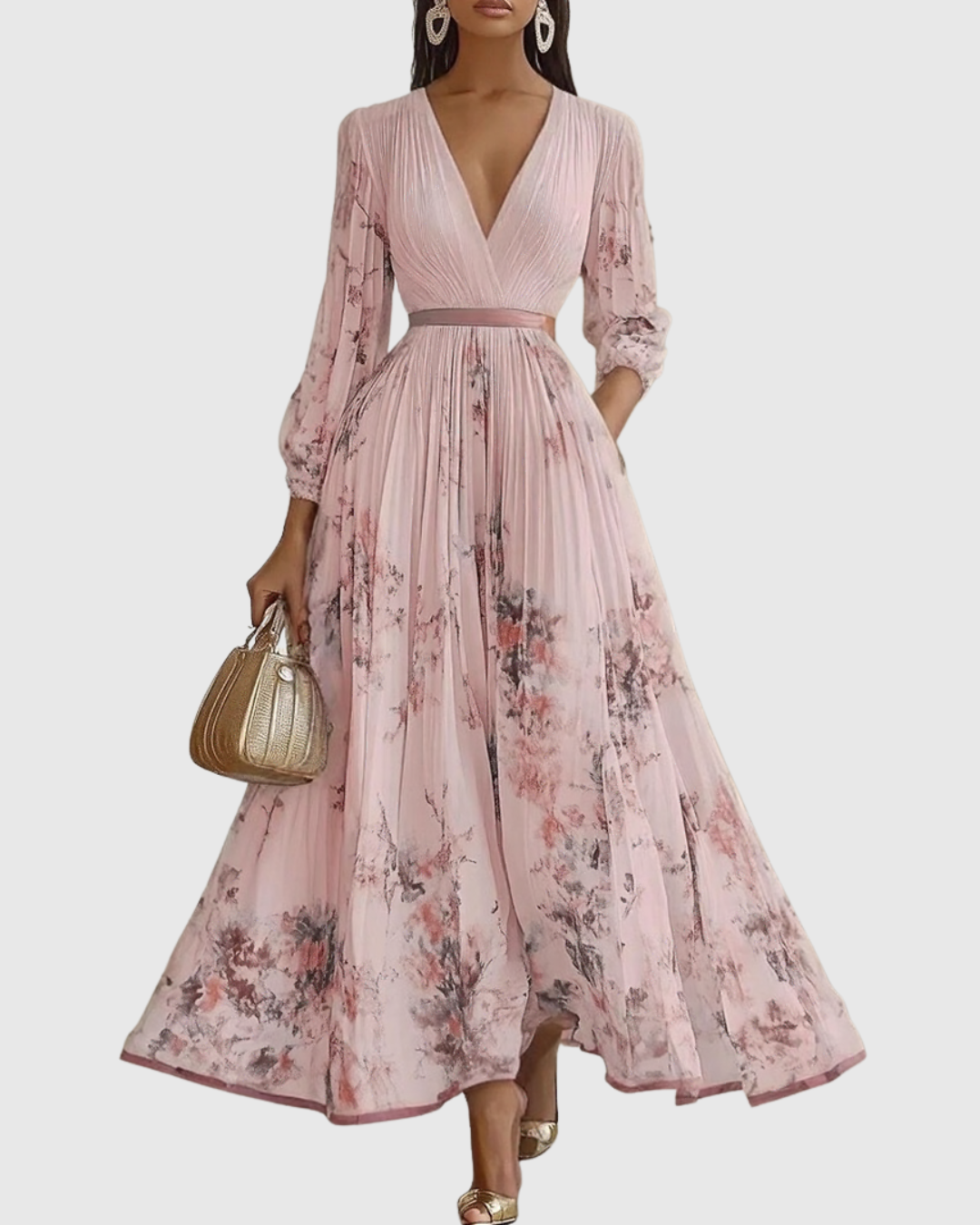 Women's Elegant Pleated Floral Long Dress V-Neck Long Sleeve Ribbon Waist Formal Casual – Rowella - Lolly 