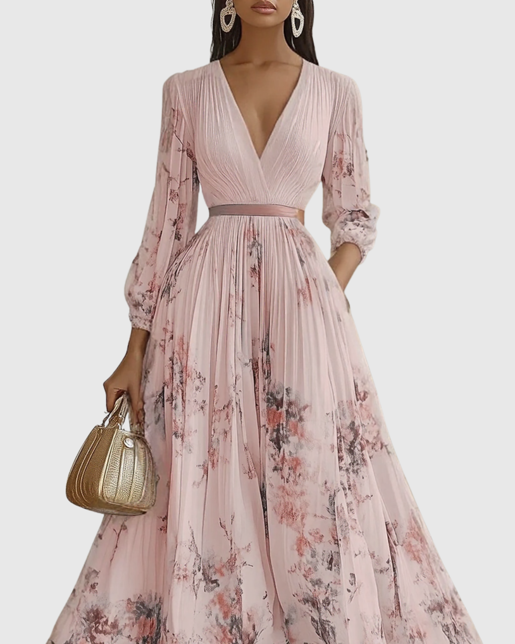 Women's Elegant Pleated Floral Long Dress V-Neck Long Sleeve Ribbon Waist Formal Casual – Rowella - Lolly 