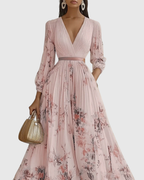 Women's Elegant Pleated Floral Long Dress V-Neck Long Sleeve Ribbon Waist Formal Casual – Rowella - Lolly 