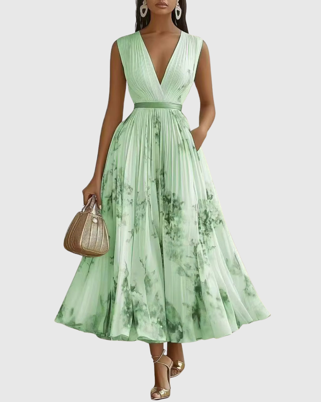 Women's Elegant Pleated Floral Long Dress V-Neck Long Sleeve Ribbon Waist Formal Casual – Rowella - Lolly 