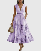 Women's Elegant Pleated Floral Long Dress V-Neck Long Sleeve Ribbon Waist Formal Casual – Rowella - Lolly 