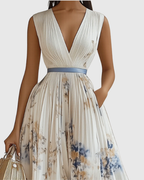 Women's Elegant Pleated Floral Long Dress V-Neck Long Sleeve Ribbon Waist Formal Casual – Rowella - Lolly 