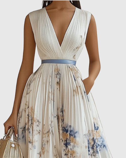 Women's Elegant Pleated Floral Long Dress V-Neck Long Sleeve Ribbon Waist Formal Casual – Rowella - Lolly 