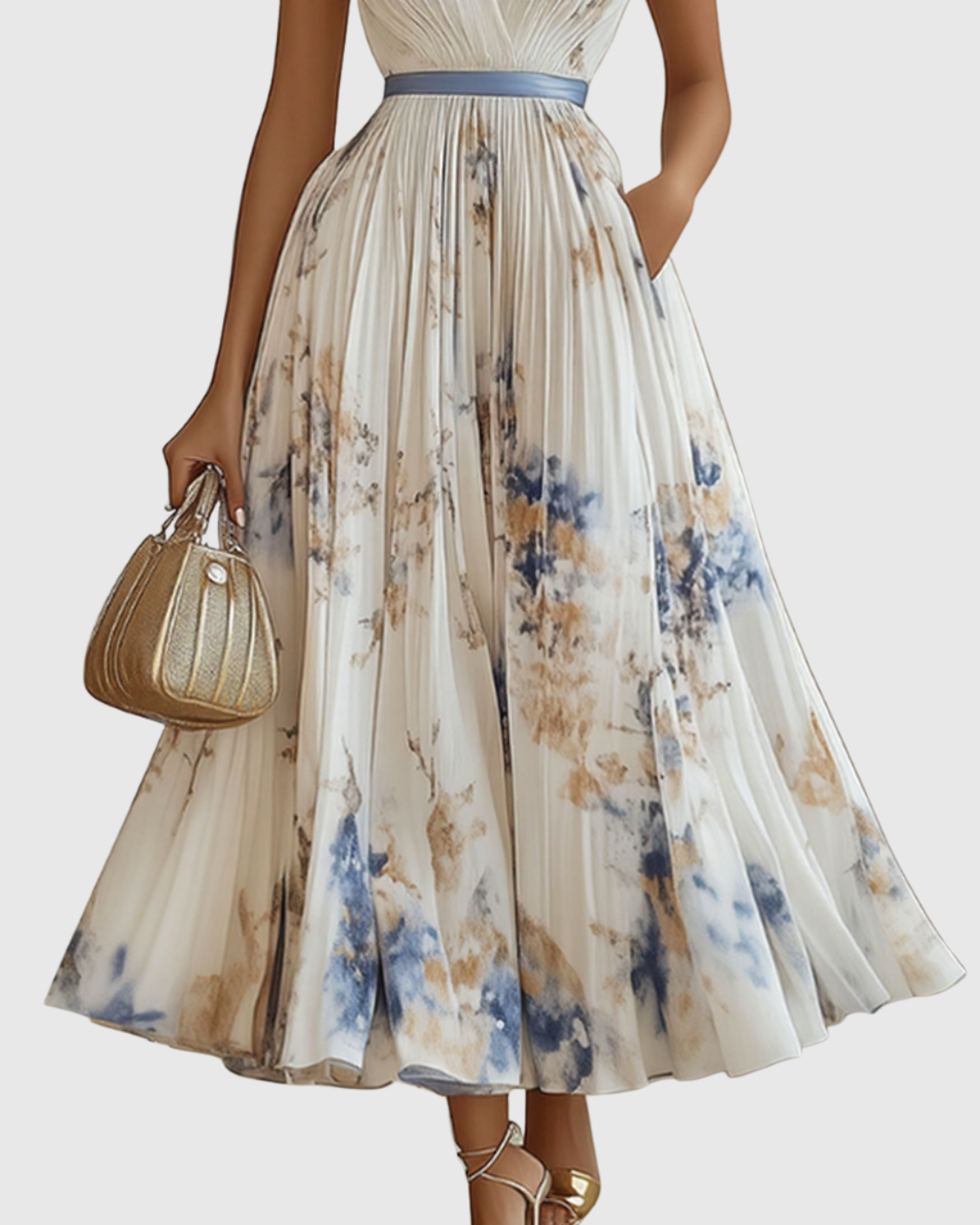 Women's Elegant Pleated Floral Long Dress V-Neck Long Sleeve Ribbon Waist Formal Casual – Rowella - Lolly 