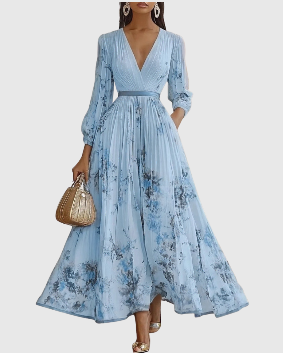 Women's Elegant Pleated Floral Long Dress V-Neck Long Sleeve Ribbon Waist Formal Casual – Rowella - Lolly 