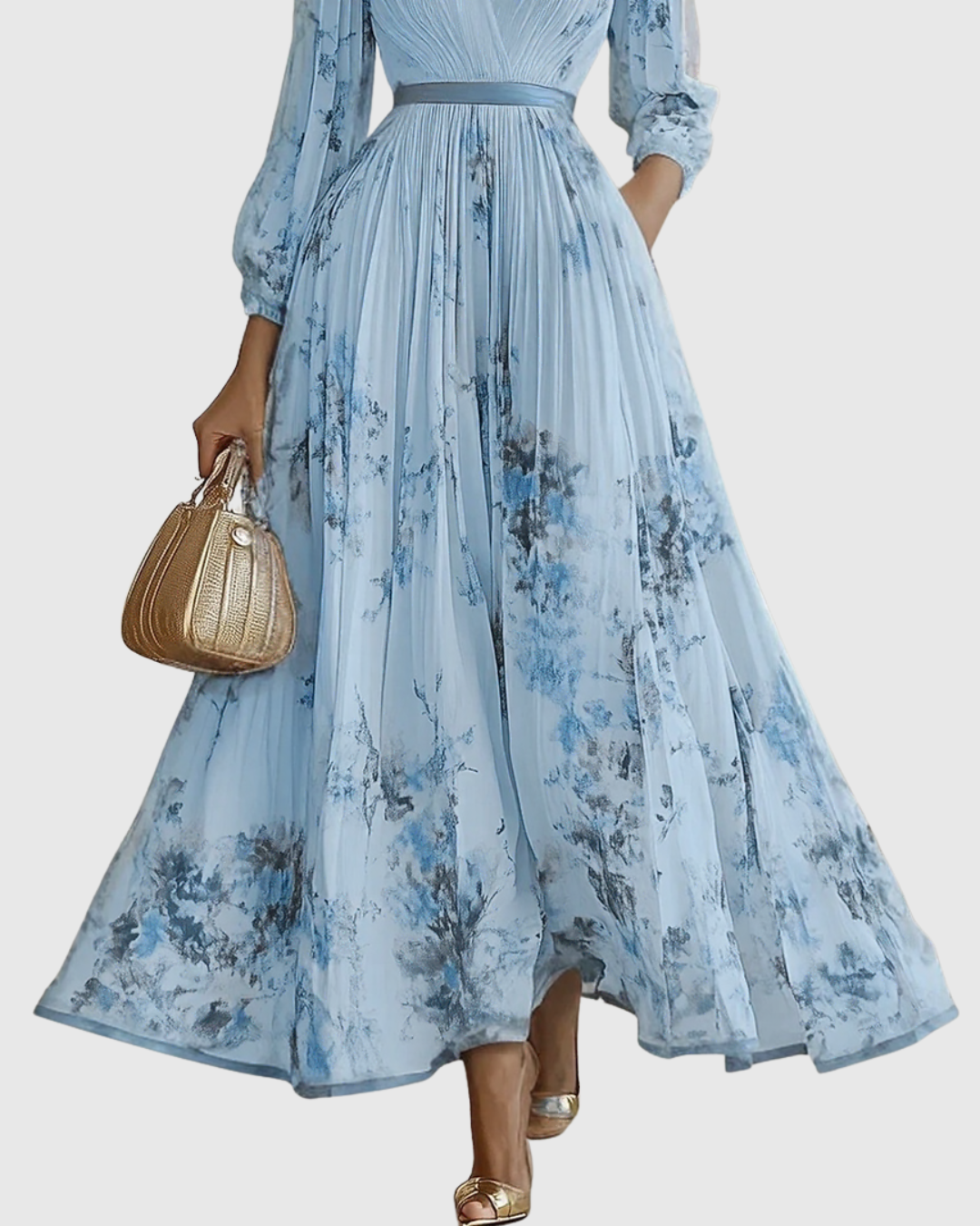 Women's Elegant Pleated Floral Long Dress V-Neck Long Sleeve Ribbon Waist Formal Casual – Rowella - Lolly 
