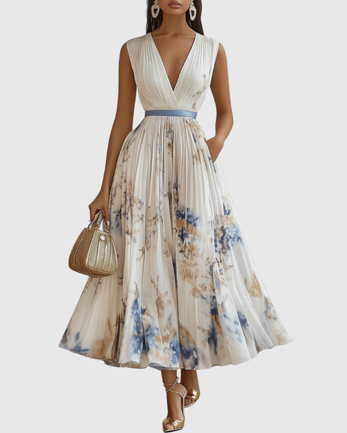 Women's Elegant Pleated Floral Long Dress V-Neck Long Sleeve Ribbon Waist Formal Casual – Rowella - Lolly 