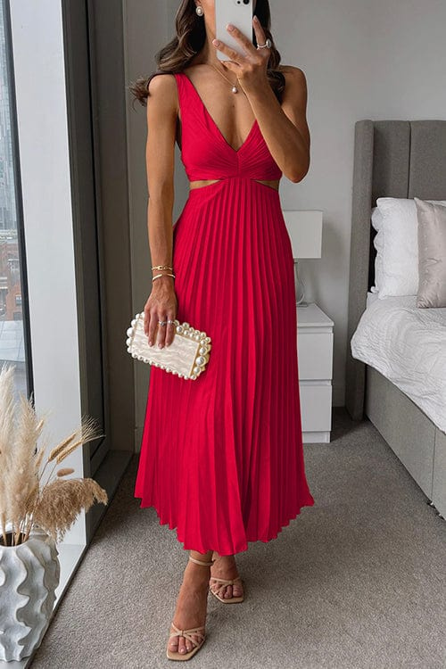Women's Elegant Pleated Midi Dress Formal Summer Party Wedding Guest Casual V-Neckline – Sanne - Lolly 
